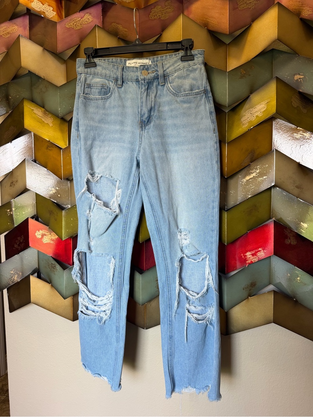 Flying Monkey Light Blue Distressed Straight Leg Jeans